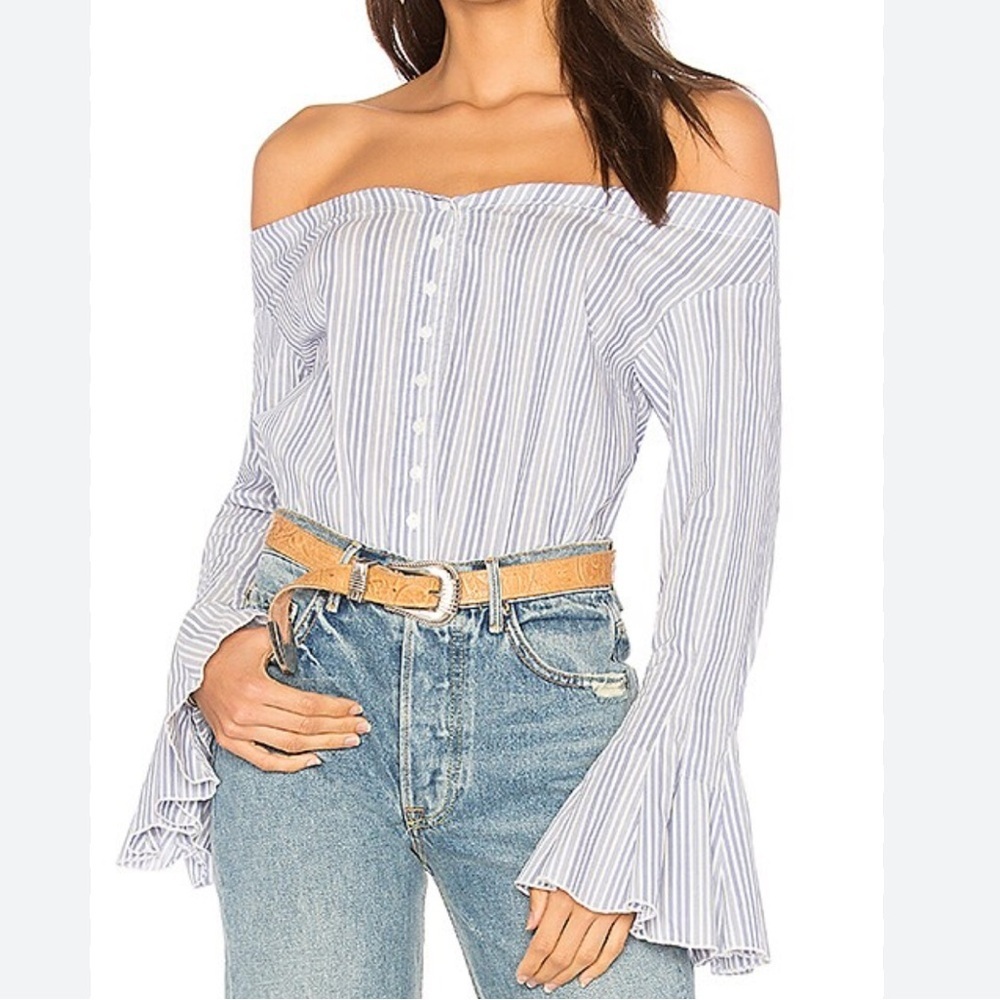 FREE PEOPLE Flared Bell Sleeve Off the Shoulder Top/button Front Blue Stripes S